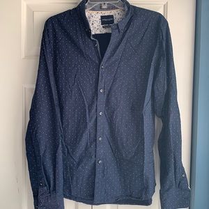 blue polka dot button down
